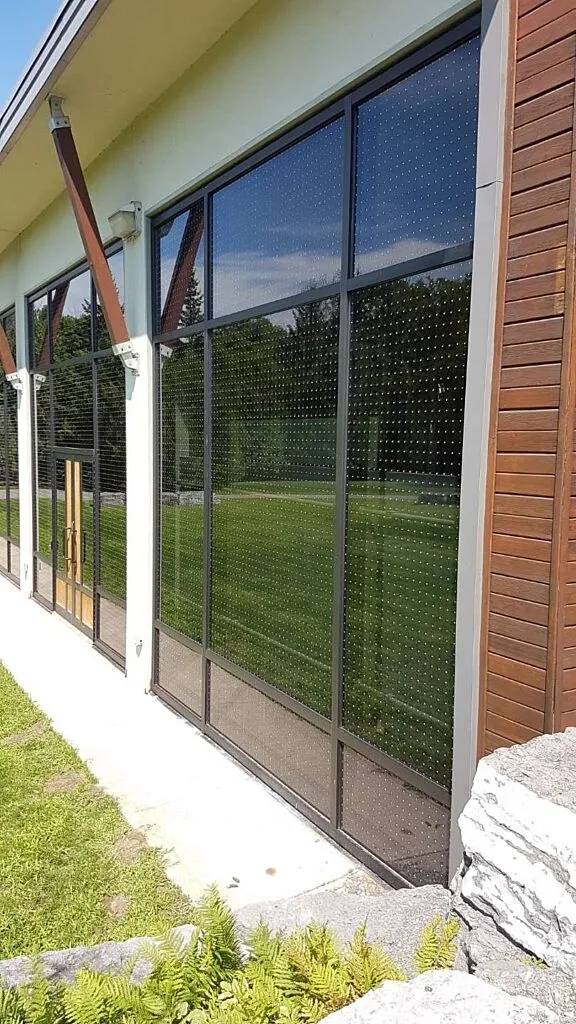 Close-up of the bird-friendly glass design at the Gatineau Park Visitor Centre.