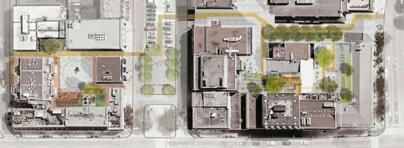 Vue aérienne de trois cours : la cour Jeanne-d’Arc, la cour York et la cour Clarendon.