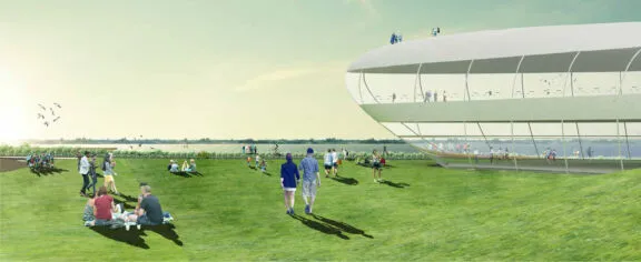 Rendu d’architecture : Des personnes profitent d’un parc en bordure de rivière avec une vue sur la rivière depuis le belvédère Parkdale, une structure à plusieurs niveaux.