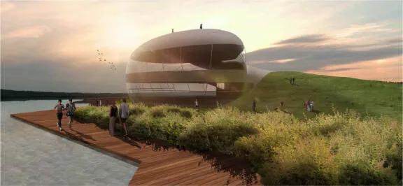 Rendu d’architecture : Une structure arrondie, principalement en verre, surplombant l’eau, et des personnes qui marchent le long d’une promenade au bord de la rivière et d’autres qui se promènent dans un parc.