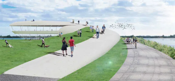 Rendu architectural : Une rampe incurvée menant au sommet d’une structure arrondie, principalement en verre, surplombant l’eau, avec des personnes qui se promènent à proximité.