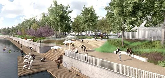 Mature trees, public spaces and dock along the brewery creek.