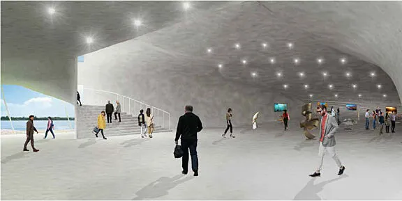 Rendu d’architecture : Des personnes se promènent dans un grand espace intérieur, ouvert et bien éclairé, au belvédère Parkdale.
