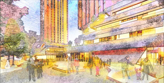 Concept rendering of people gathering in the outdoor public space close to the Pimisi O-Train station in the winter.