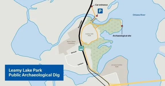Map of dig site and surrounding area, showing the nearest STO bus stops and parking lot for vehicles coming from Fournier Boulevard. The site can also be accessed from the Leamy Lake multi-use pathway.