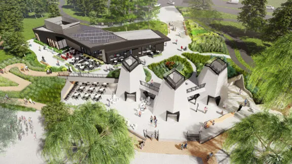 Vue aérienne des structures du pavillon Strutt et du pavillon du parc