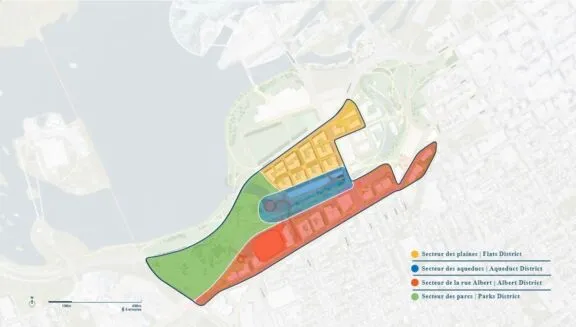 Map of the four main districts of LeBreton Flats. Includes the Flats District, Aqueduct District, Albert District and Parks District.