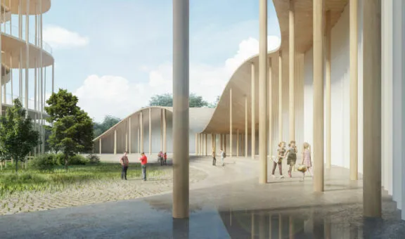 Rendu d’architecture : Une cour extérieure entre un bâtiment principal et une tour d’observation.
