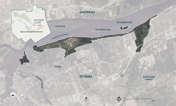 Carte de la zone d’étude du parc Sir-George-Étienne-Cartier, qui inclut aussi l’ile Lower Duck.