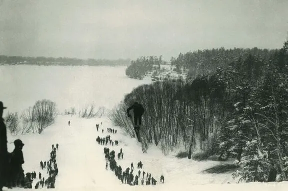 Ski jumping in Rockcliffe Park. February 1929. Credit: National Capital Commission