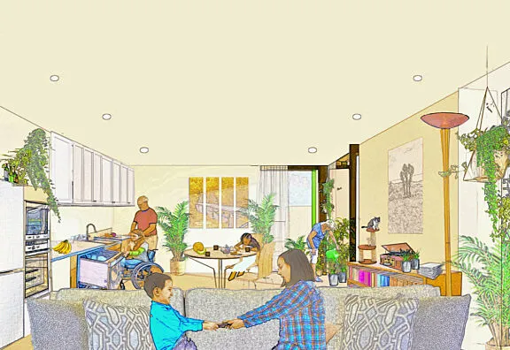 Rendu conceptuel de personnes dans la cuisine d’un appartement exempt d’obstacles.