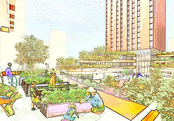 Rendu conceptuel d’un jardin communautaire sur la terrasse d’un socle, donnant sur une autre tour en retrait avec ses terrasses