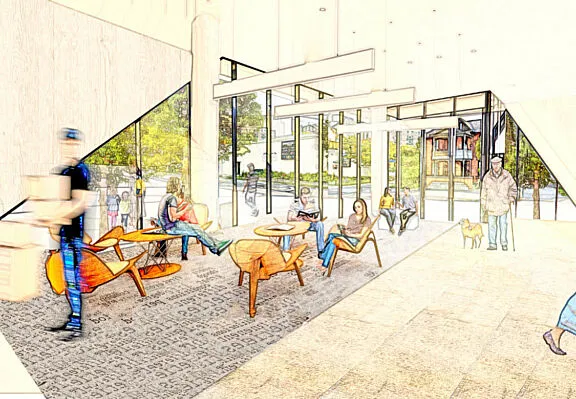 Rendu conceptuel de tables et de chaises dans un hall d’entrée résidentiel dont les fenêtres sur toute la hauteur donnent sur la rue