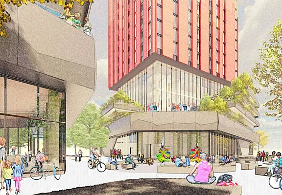 Rendu conceptuel de personnes sur une place publique et d’endroits où s’asseoir au centre de l’aménagement du terrain de la bibliothèque