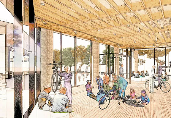 Rendu conceptuel de personnes réparant des vélos dans un atelier communautaire doté de fenêtres sur toute la hauteur
