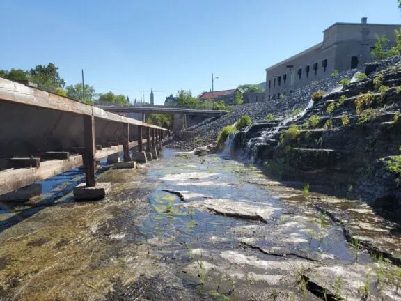 Cascading waterfalls over exposed bedrock, timber slide ravine, Victoria Island, 2020.