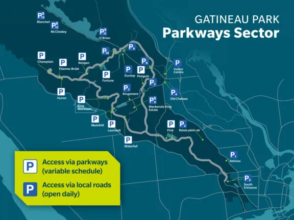 The parkways are not the only way to access Gatineau Park. Several local roads and 21 NCC parking lots are always accessible by private vehicle and lead to dozens of scenic trails, lookouts, lakes and picnic areas.