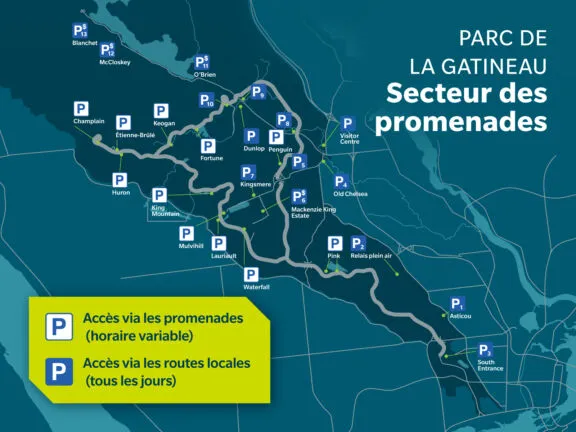 Emprunter les promenades n’est pas le seul moyen d’aller au parc de la Gatineau. Plusieurs routes locales, y compris 21 stationnements de la CCN qui sont toujours accessibles pour les véhicules privés, mènent à une dizaine de sentiers, belvédères, lacs et aires de piquenique.
