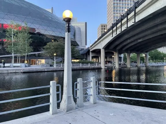 Lamppost with opal white globe on roadways and pathways along the Rideau Canal.