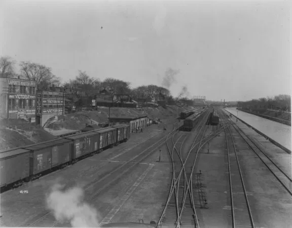 View from Laurier Avenue Bridge overlooking Railway Yards and section of canal. May 10, 1929. Credit: National Capital Commission