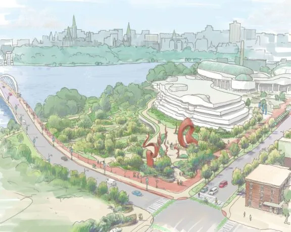 Concept sketch for Laurier Street, at the intersection of the Alexandra Bridge