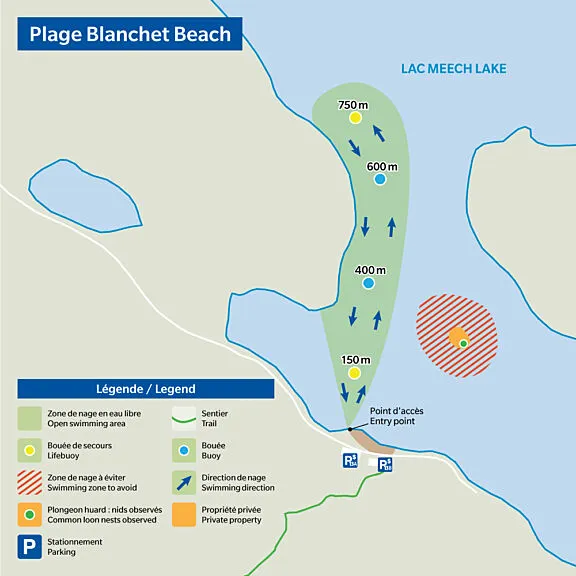Map of Blanchet Beach open swimming area. Swim route starts at P13 and features two lifebuoys - one at 150 m and one at 750 m.