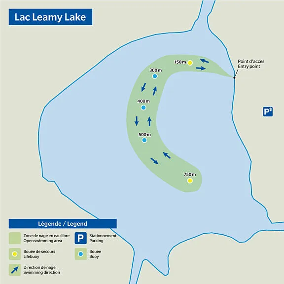 Map of Leamy Lake open swimming area. Swim route starts at the Leamy Lake parking lot and features two lifebuoys - one at 150 m and one at 750 m.