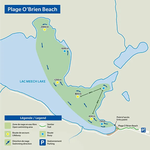 Map of O’Brien Beach open swimming area. Swim route starts at P11 and features four lifebuoys - at 400 m, 800 m, 1200 m and 2000 m.