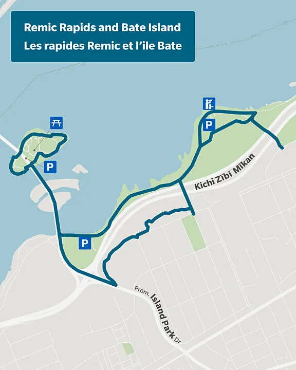 Looped route at Remic Rapids Park and then along the Ottawa River towards Champlain Bridge leading to a loop on Bate Island.