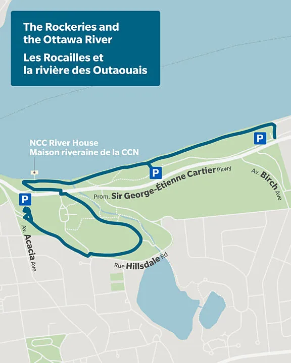 Pathway along the Ottawa River, and then moving away to lead to a small loop at the Rockeries.