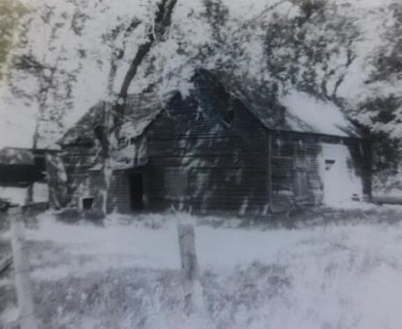 A black and white picture of the Gray homestead, among the first established by Europeans near Mer Bleue. The original Gray barn stabled their dairy herd, but it caught fire and burned in 1947.