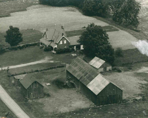 Black and white aerial photograph of the Whyte farm.