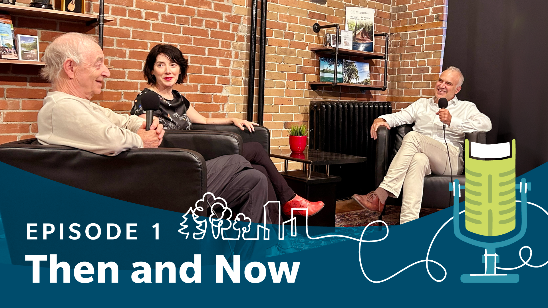 Photo of Tobi Nussbaum sitting with two guests over an illustration of a free-standing podcast microphone shaped like a book, with its cable artistically forming the silhouette of a forest and buildings. Overlaid text reads “Then and Now.”