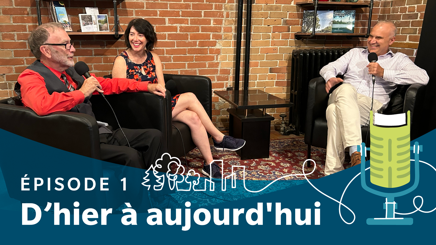 Texte « D’hier à aujourd’hui », en superposition d’une photo de Michel Prévost et Heather Thompson en discussion amicale avec Tobi Nussbaum.