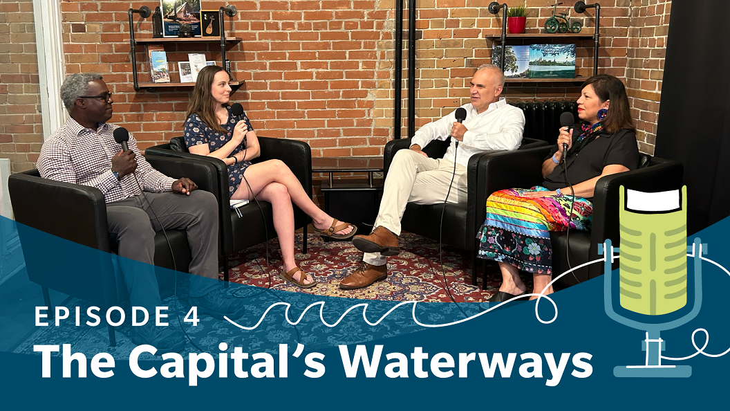 Tobi Nussbaum sitting and talking with guests Anita Tenasco, Cristina Wood and Gary Meus. Overlaid text reads “The Capital's Waterways”.