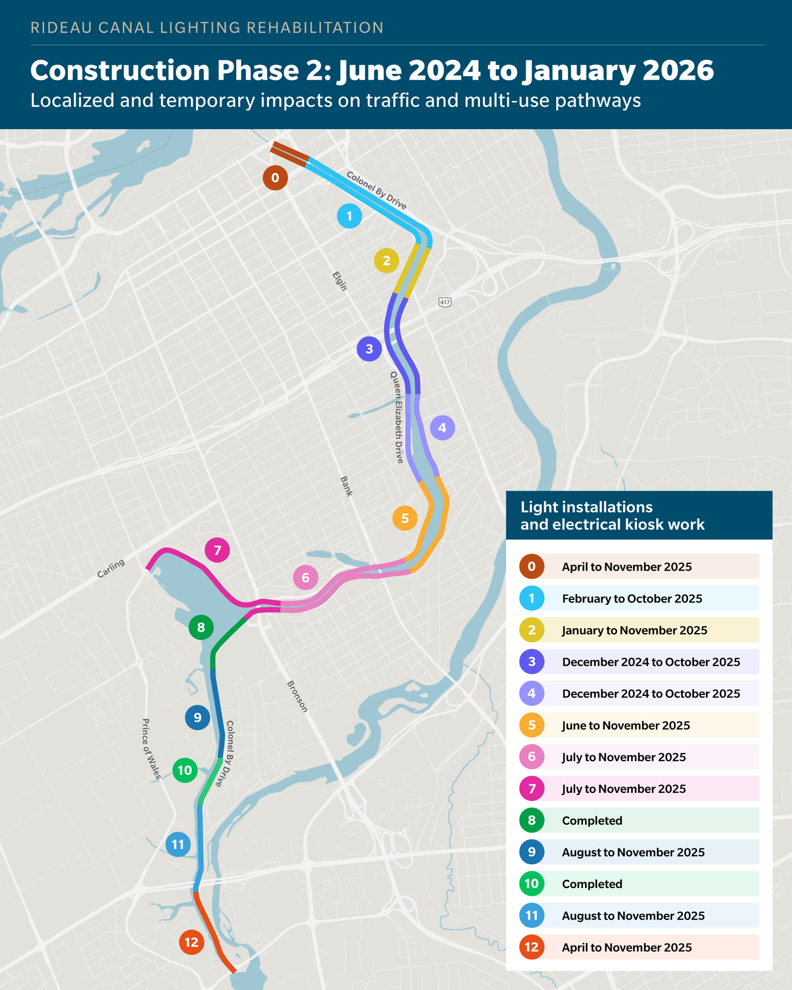 Phase 2 map showing localized and temporary impacts on traffic and multi-use pathways.