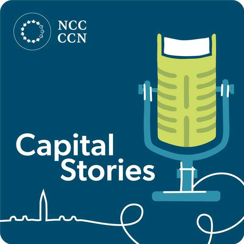 Illustration of a free-standing podcast microphone shaped like a book, with its cable artistically forming the silhouette of the Parliament Buildings. Overlaid text reads “Capital Stories.”