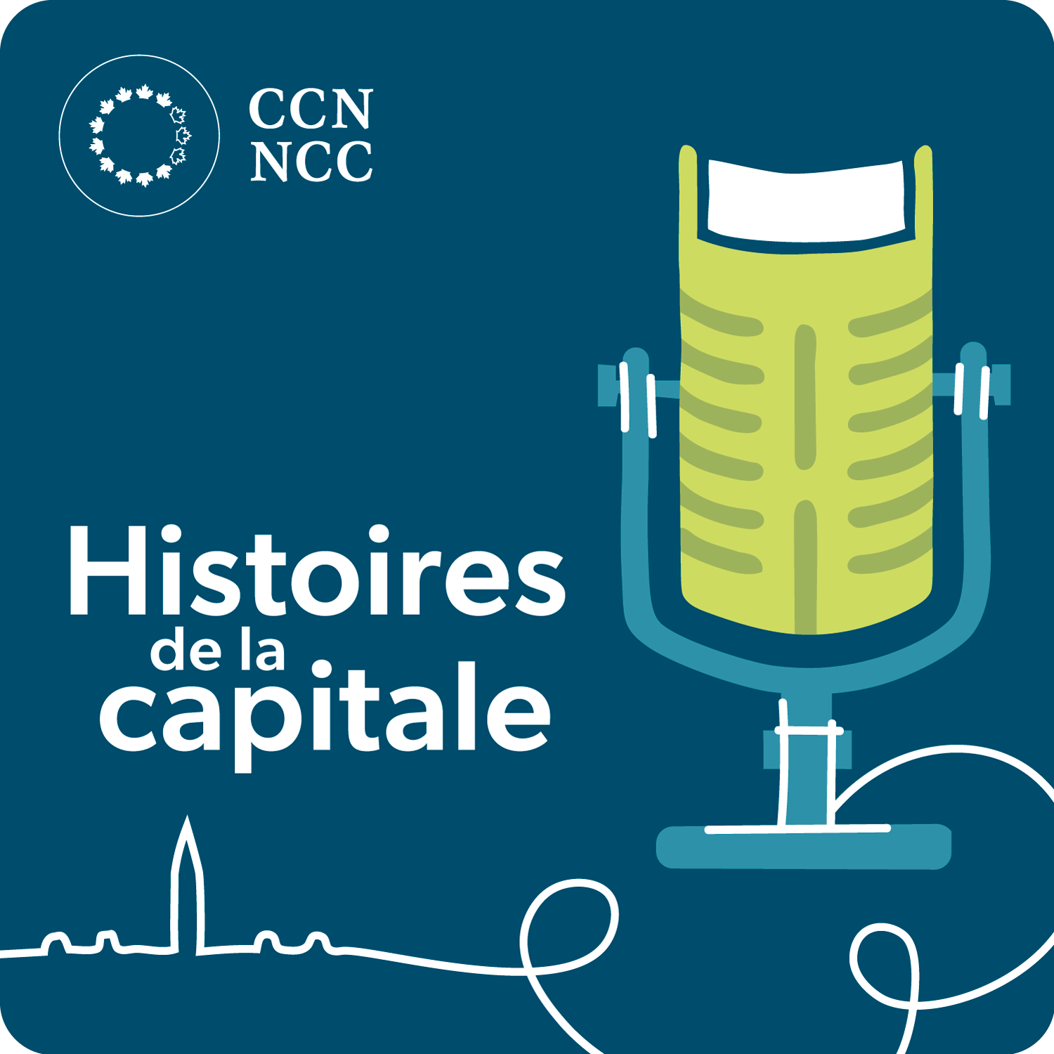 Illustration d’un microphone autoportant de balado en forme de livre, dont le câble forme la silhouette des édifices du Parlement de manière artistique. Le texte superposé indique « Histoires de la Capitale ».
