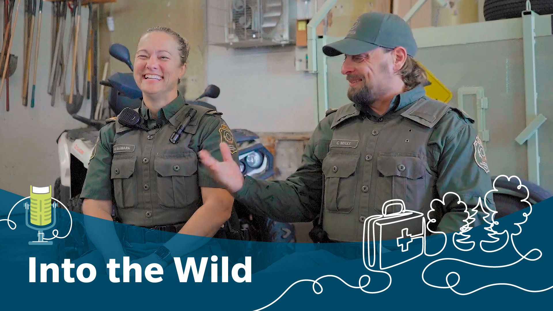 Photo of conservation officers. Over the image is an illustration of a free-standing podcast microphone shaped like a book, with its cable artistically forming a first aid kit and a forest.