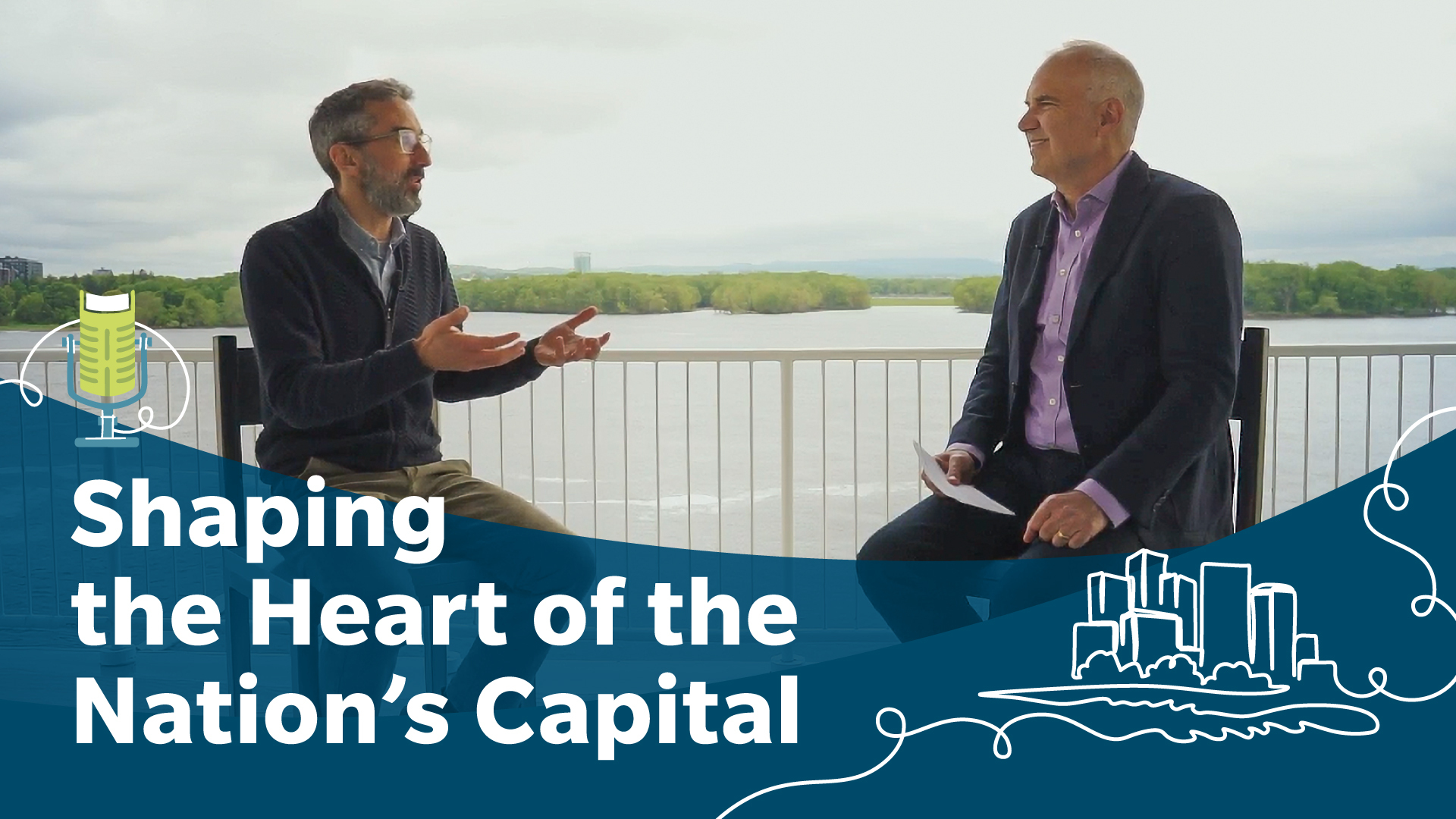 Photo of Tobi Nussbaum sitting with a guest in front of the Ottawa River. Over the image is an illustration of a free-standing podcast microphone shaped like a book, with its cable artistically forming buildings.