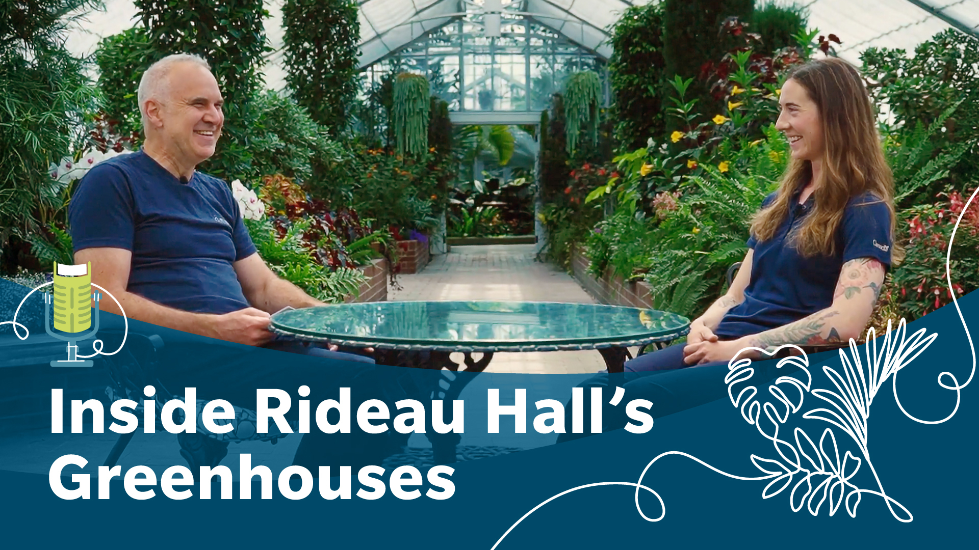 Photo of Tobi Nussbaum sitting with a guest in the Rideau Hall greenhouse. Over the image is an illustration of a free-standing podcast microphone shaped like a book, with its cable artistically forming the shape of plants.