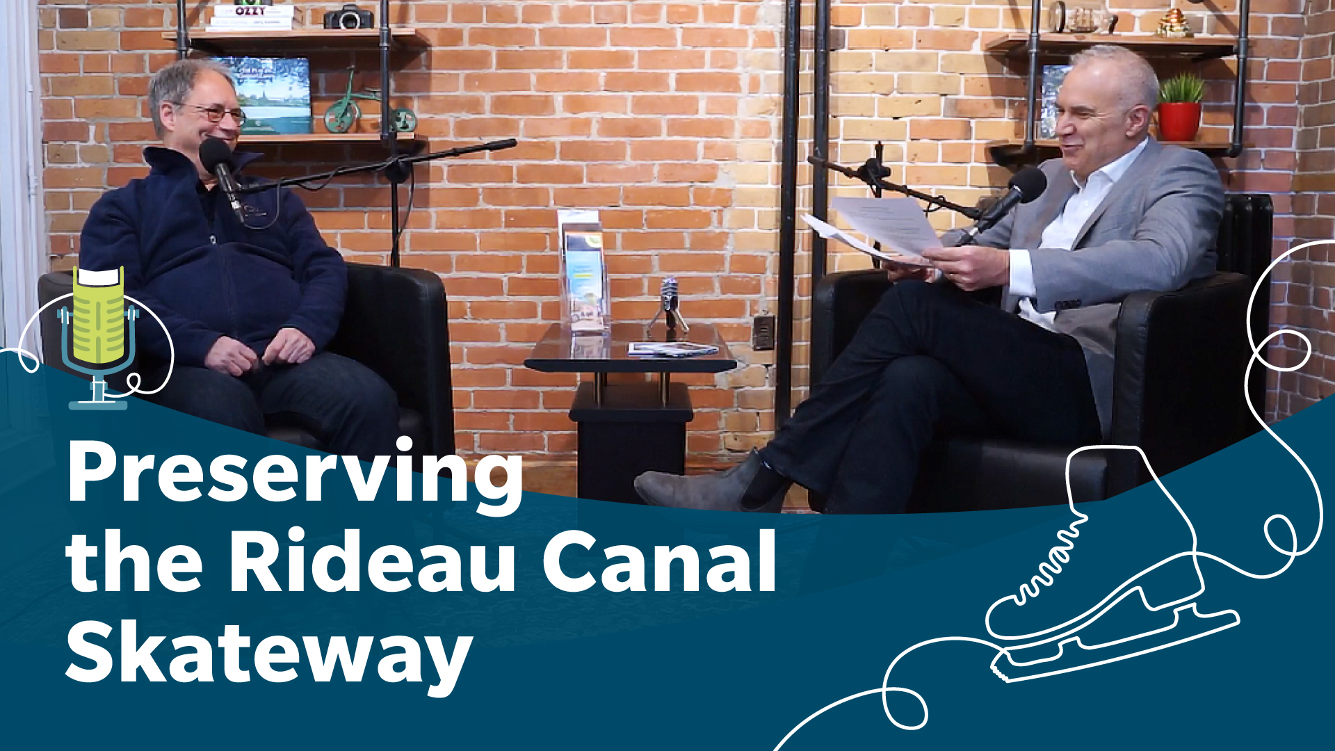 Photo of Tobi Nussbaum with guest Bruce Devine. Over the image is an illustration of a free-standing podcast microphone shaped like a book, with its cable artistically forming a skate.