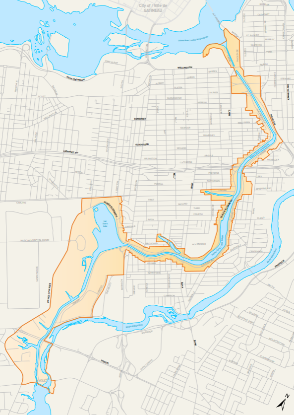 Carte indiquant le secteur visé par l’étude du paysage culturel entourant le canal Rideau.