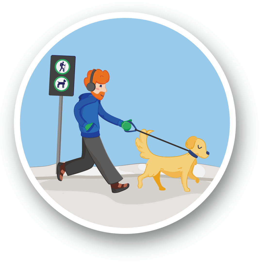 Illustration d'une personne promenant son chien en laisse sur un sentier où les chiens sont autorisés, comme l'indique la signalisation en arrière-plan.