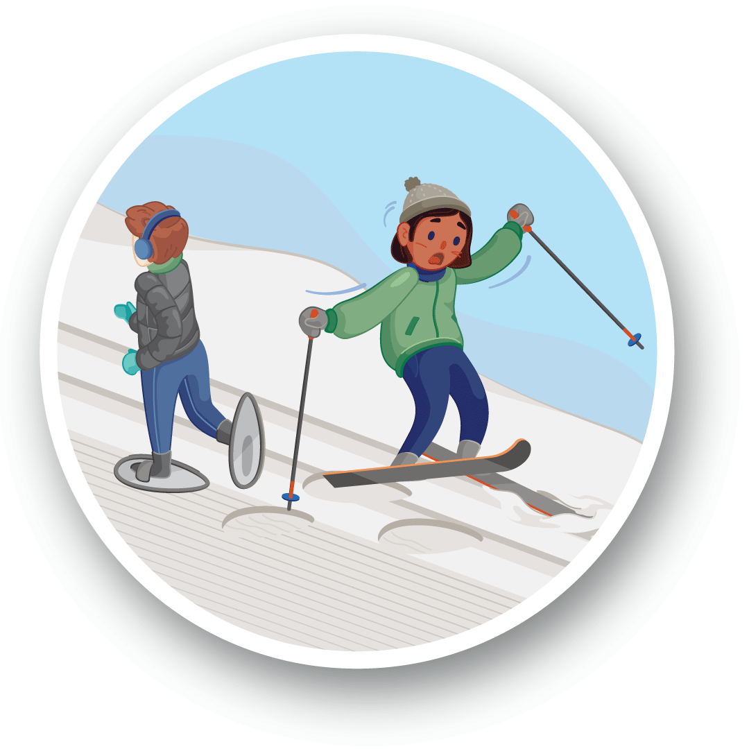 Illustration d'une personne en ski trébuchant alors que ses skis dérapent hors des traces de ski classique, abîmées par le passage d'une personne en raquettes.