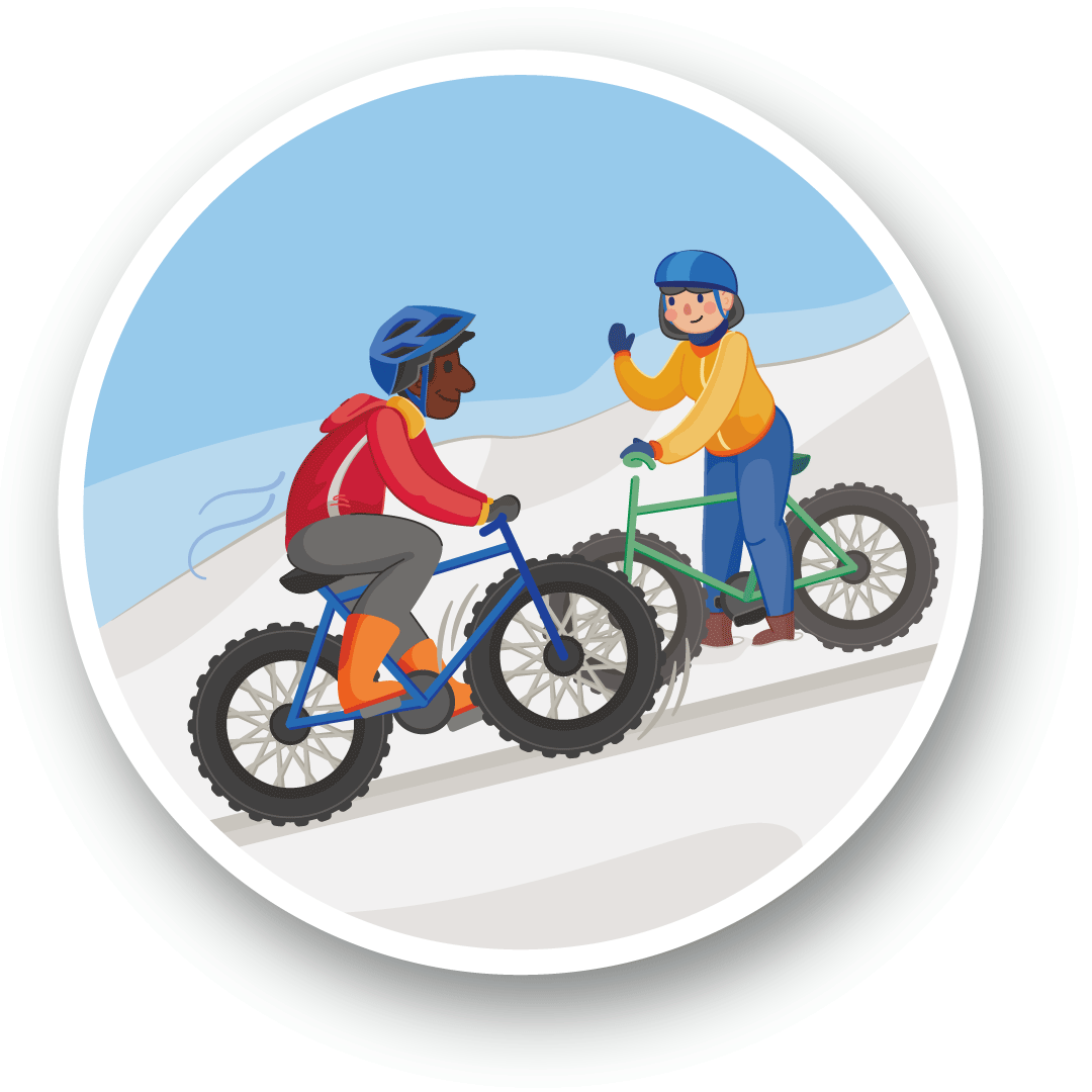 Illustration d'une personne en vélo d'hiver sortie à droite de la piste pour laisser passer une personne en vélo d'hiver montant le sentier.