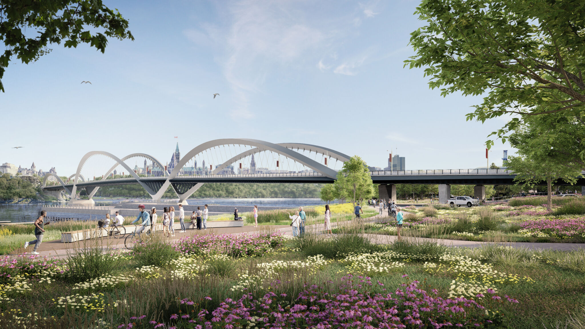 Une vue du parc Jacques-Cartier à Gatineau (Québec), montrant le pont Alexandra avec trois arcs ondulés enjambant la rivière des Outaouais. L’avant-plan présente des sentiers du parc, des fleurs colorées et une verdure luxuriante, tandis que l’arrière-plan comprend la ligne d’horizon d’Ottawa sous un ciel dégagé.