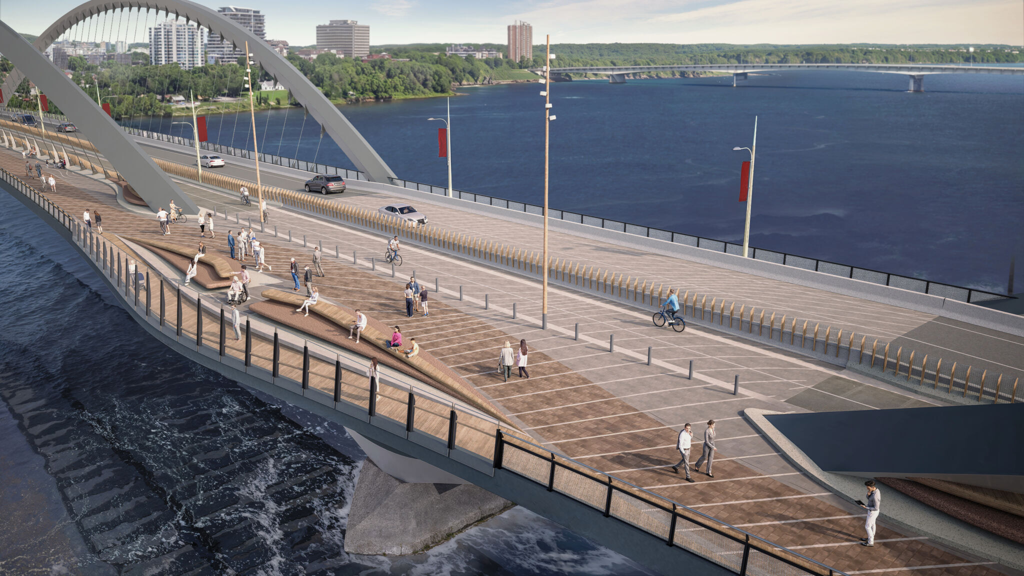 Vue aérienne de l’espace d’observation, avec des places assises et des personnes marchant dans l’espace et s’assoyant pour profiter de la vue. La ligne d’horizon de Gatineau et le parc Jacques-Cartier sont en arrière-plan.
