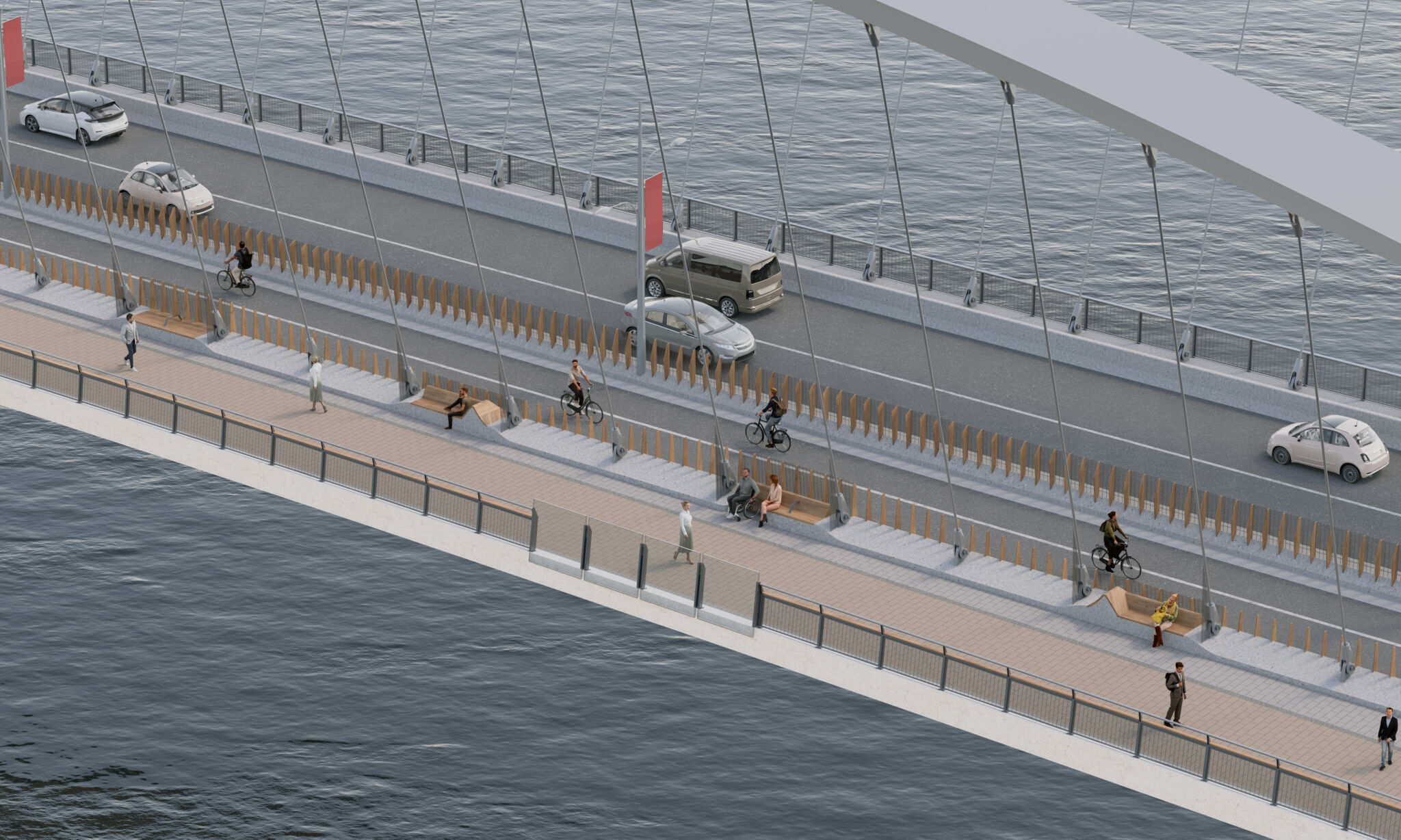 Un pont avec trois voies distinctes pour différents modes de transport. La voie supérieure est réservée aux véhicules automobiles, et les voitures et une fourgonnette sont visibles. La voie du milieu est réservée aux cyclistes, et plusieurs personnes font de la bicyclette. La voie du bas est une passerelle piétonnière où les gens marchent et s’assoient sur des bancs. Chaque voie est séparée par des barrières.