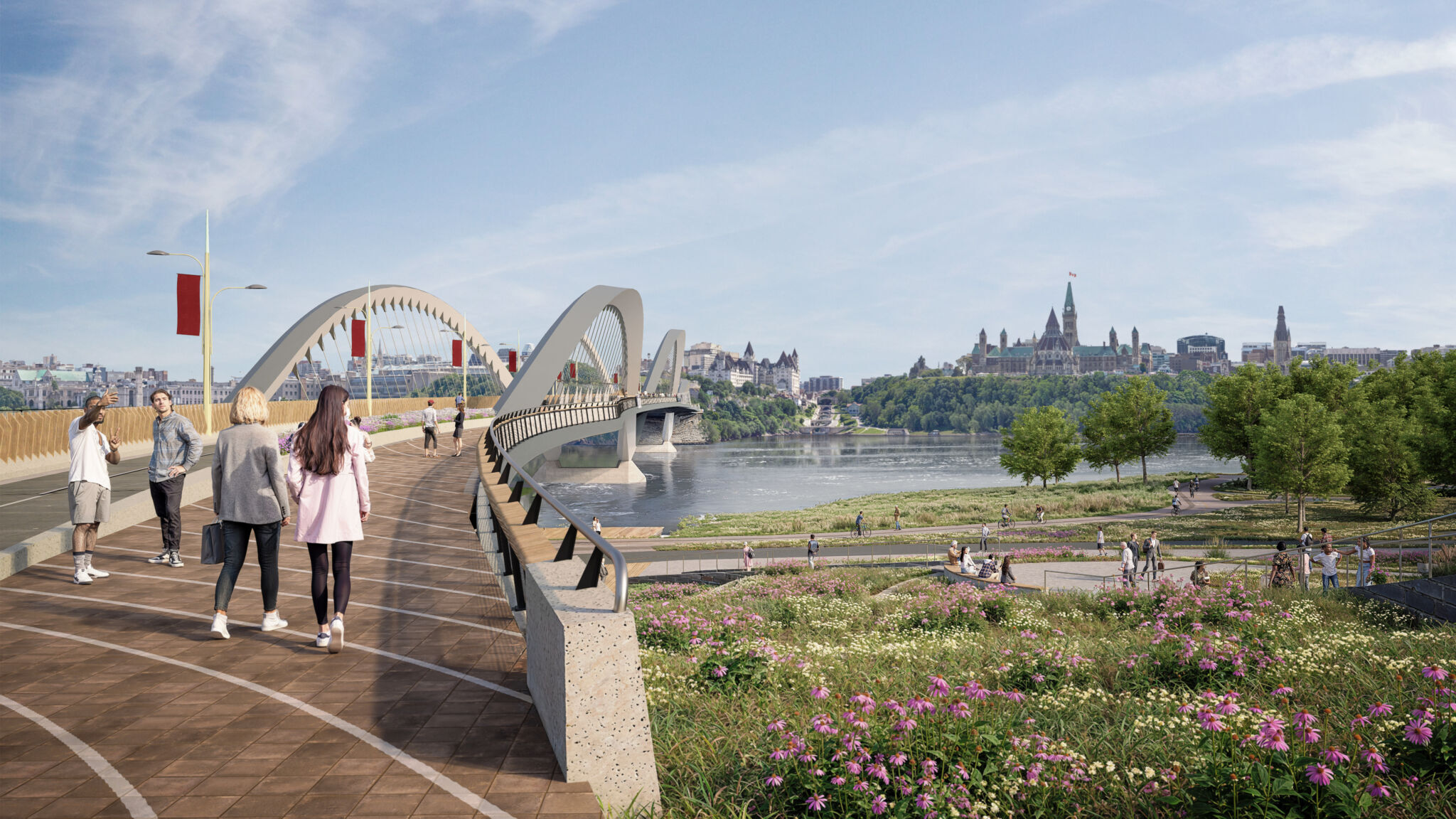 Vue de l’approche piétonnière depuis Gatineau. La rampe du pont est à l’avant-plan. Les gens marchent sur le pont. La zone environnante comprend des espaces verts avec des fleurs et des arbres. L’horizon d’Ottawa est visible en arrière-plan sous un ciel dégagé.